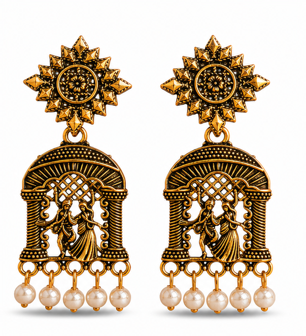 Antique Gold Dancing Couple Pearl Drop Temple Earrings