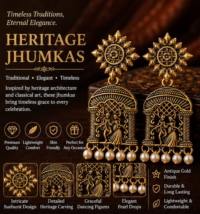 Antique Gold Dancing Couple Pearl Drop Temple Earrings