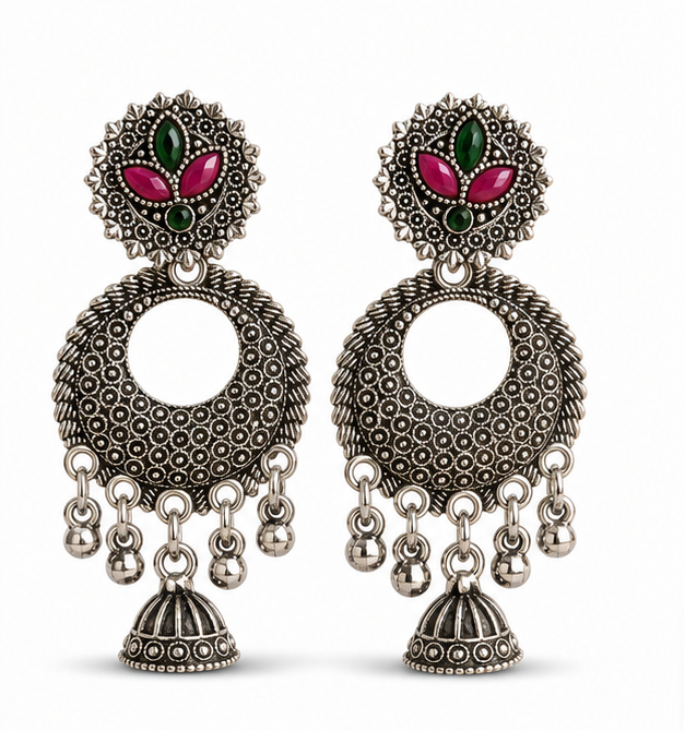 Oxidised Silver Floral Chandbali Earrings with Mini Jhumka