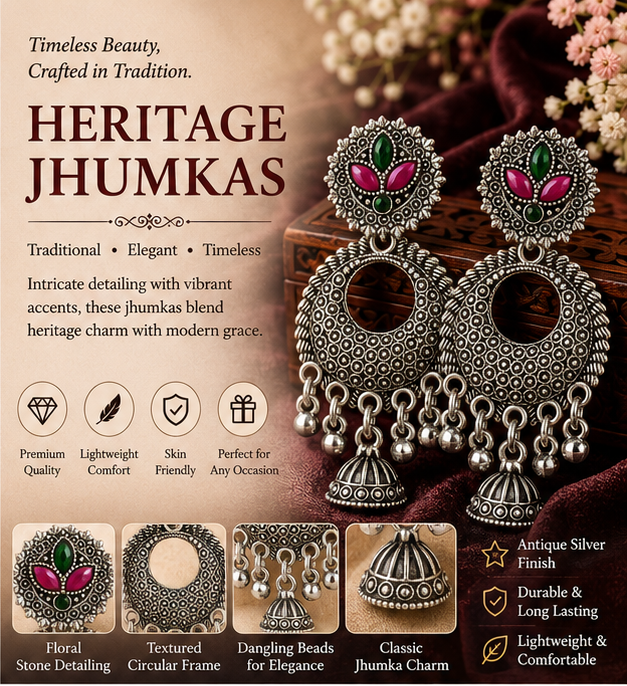 Oxidised Silver Floral Chandbali Earrings with Mini Jhumka