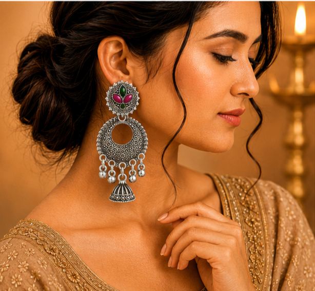 Oxidised Silver Floral Chandbali Earrings with Mini Jhumka