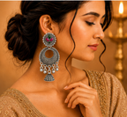 Oxidised Silver Floral Chandbali Earrings with Mini Jhumka