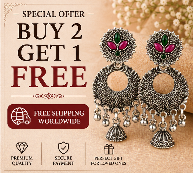 Oxidised Silver Floral Chandbali Earrings with Mini Jhumka