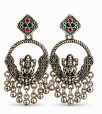 Oxidised Silver Lakshmi Temple Chandbali Earrings with Ball Chain Drops