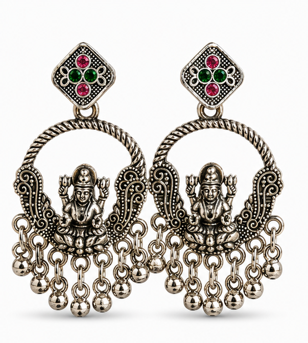 Oxidised Silver Lakshmi Temple Chandbali Earrings with Ball Chain Drops