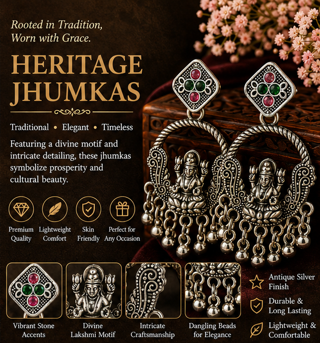Oxidised Silver Lakshmi Temple Chandbali Earrings with Ball Chain Drops