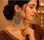 Oxidised Silver Lakshmi Temple Chandbali Earrings with Ball Chain Drops