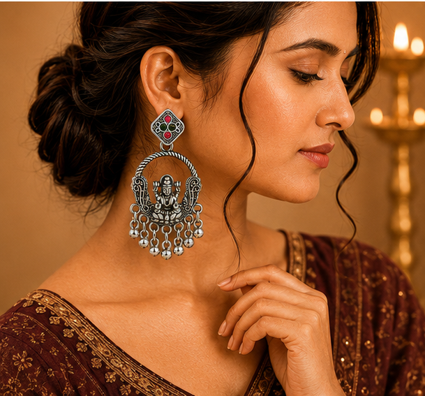 Oxidised Silver Lakshmi Temple Chandbali Earrings with Ball Chain Drops