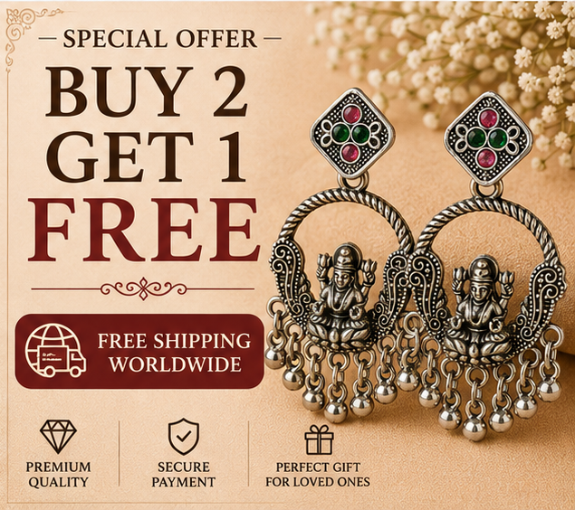 Oxidised Silver Lakshmi Temple Chandbali Earrings with Ball Chain Drops