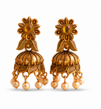 Antique Gold Floral Pearl Jhumka Earrings for Women