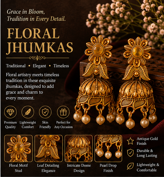 Antique Gold Floral Pearl Jhumka Earrings for Women