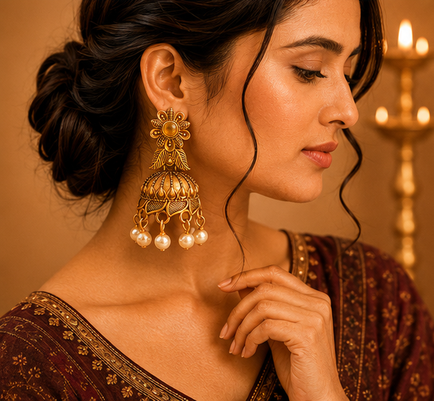 Antique Gold Floral Pearl Jhumka Earrings for Women