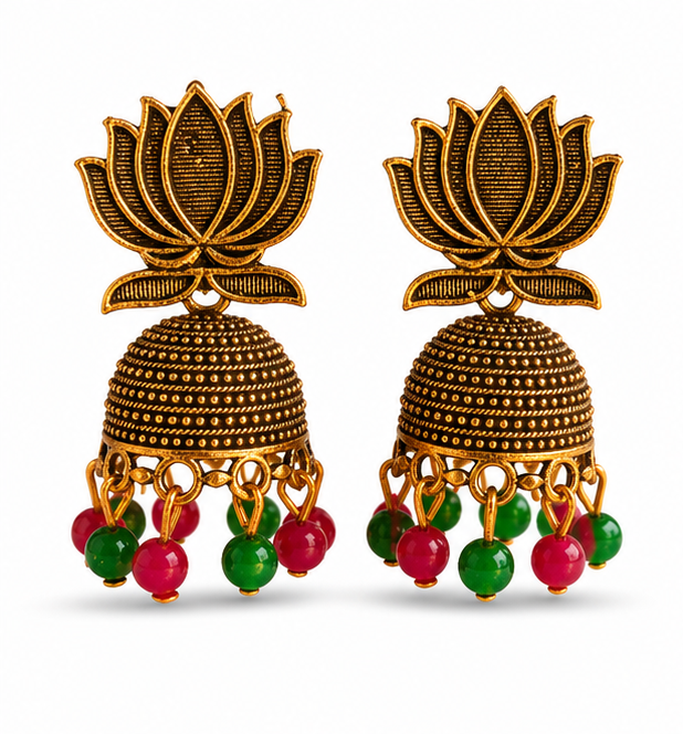 Antique Gold Lotus Jhumka Earrings with Pink & Green Bead Drops