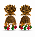 Antique Gold Lotus Jhumka Earrings with Pink & Green Bead Drops