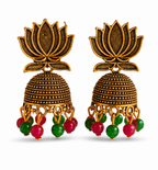 Antique Gold Lotus Jhumka Earrings with Pink & Green Bead Drops