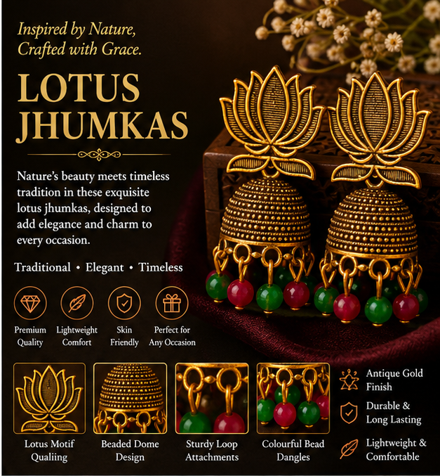 Antique Gold Lotus Jhumka Earrings with Pink & Green Bead Drops