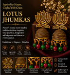 Antique Gold Lotus Jhumka Earrings with Pink & Green Bead Drops
