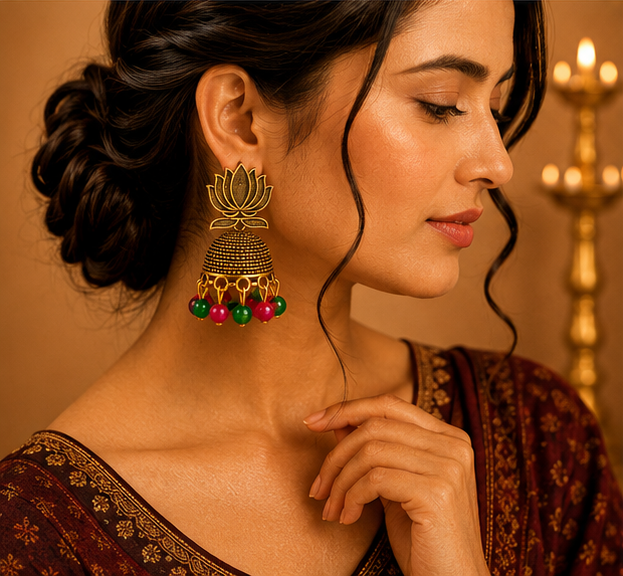 Antique Gold Lotus Jhumka Earrings with Pink & Green Bead Drops