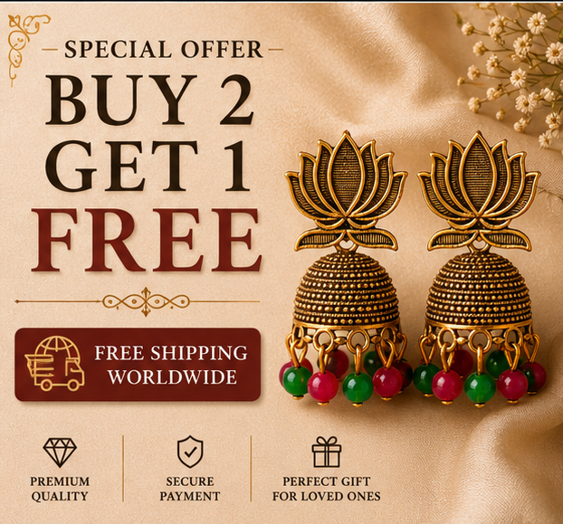 Antique Gold Lotus Jhumka Earrings with Pink & Green Bead Drops