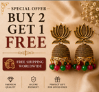 Antique Gold Lotus Jhumka Earrings with Pink & Green Bead Drops