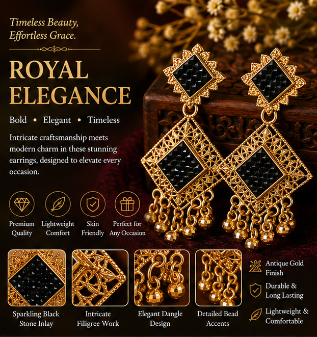 Antique Gold Black Crystal Geometric Statement Dangler Earrings
