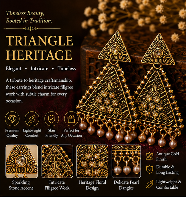 Antique Gold Triangle Pearl Drop Statement Earrings for Women
