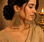 Antique Gold Triangle Pearl Drop Statement Earrings for Women