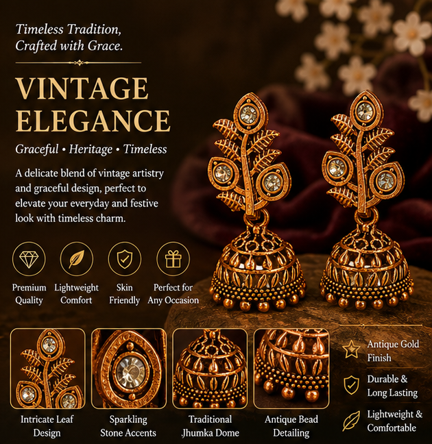 Antique Gold Leaf Crystal Jhumka Earrings for Women