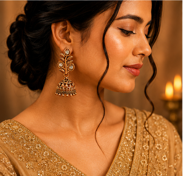 Antique Gold Leaf Crystal Jhumka Earrings for Women