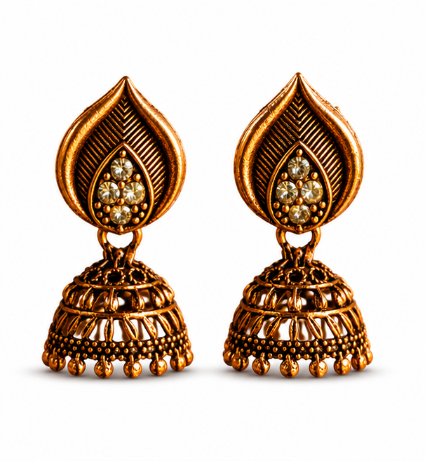 Antique Gold Leaf Stud Jhumka Earrings with Crystal Accents