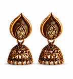 Antique Gold Leaf Stud Jhumka Earrings with Crystal Accents