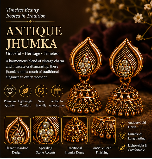 Antique Gold Leaf Stud Jhumka Earrings with Crystal Accents