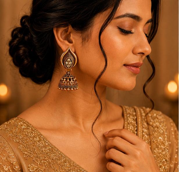 Antique Gold Leaf Stud Jhumka Earrings with Crystal Accents