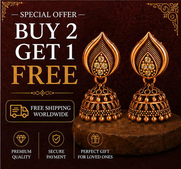 Antique Gold Leaf Stud Jhumka Earrings with Crystal Accents