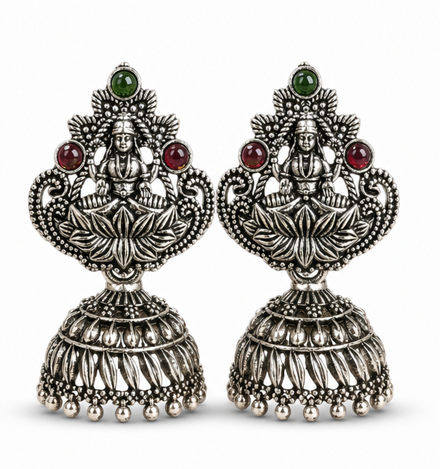 Oxidised Silver Lakshmi Temple Jhumka Earrings with Green & Red Stones