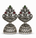 Oxidised Silver Lakshmi Temple Jhumka Earrings with Green & Red Stones