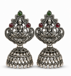 Oxidised Silver Lakshmi Temple Jhumka Earrings with Green & Red Stones
