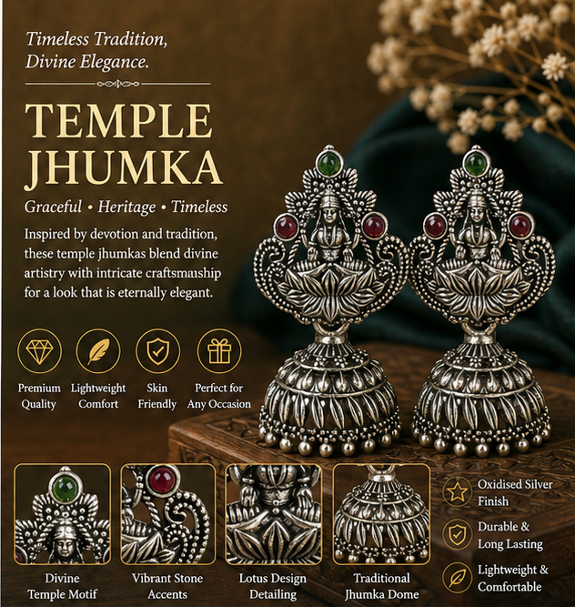 Oxidised Silver Lakshmi Temple Jhumka Earrings with Green & Red Stones