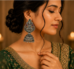 Oxidised Silver Lakshmi Temple Jhumka Earrings with Green & Red Stones