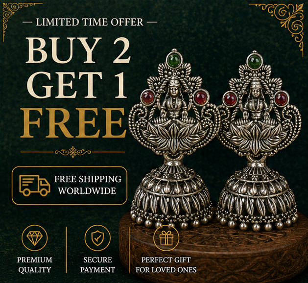 Oxidised Silver Lakshmi Temple Jhumka Earrings with Green & Red Stones