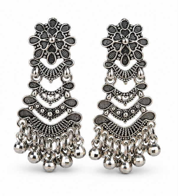 Oxidised Silver Tribal Layered Dangler Earrings with Ball Drops