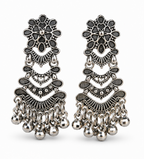 Oxidised Silver Tribal Layered Dangler Earrings with Ball Drops