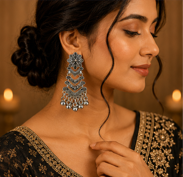 Oxidised Silver Tribal Layered Dangler Earrings with Ball Drops