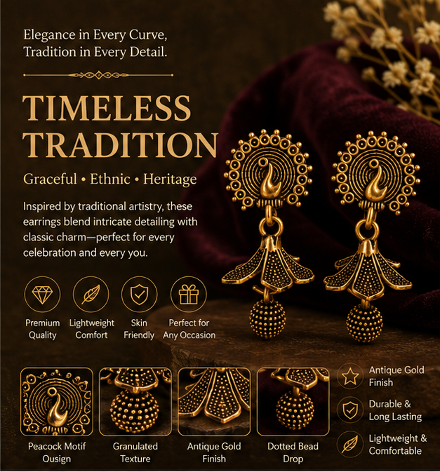 Antique Gold Peacock Drop Tribal Earrings with Beaded Dangle