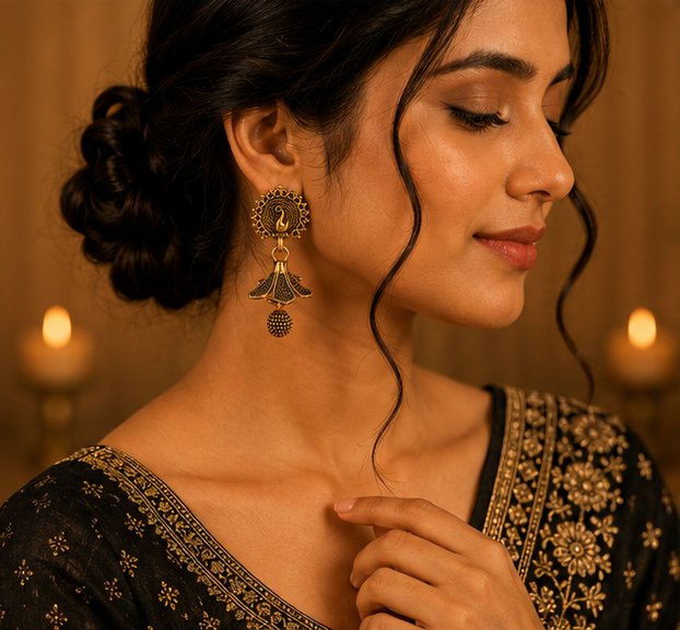 Antique Gold Peacock Drop Tribal Earrings with Beaded Dangle