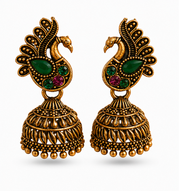 Antique Gold Peacock Stone Jhumka Earrings with Green & Pink Crystal Accents