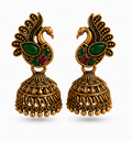 Antique Gold Peacock Stone Jhumka Earrings with Green & Pink Crystal Accents