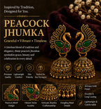 Antique Gold Peacock Stone Jhumka Earrings with Green & Pink Crystal Accents