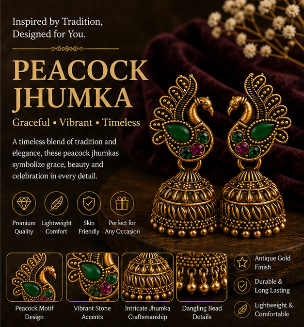 Antique Gold Peacock Stone Jhumka Earrings with Green & Pink Crystal Accents