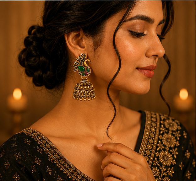 Antique Gold Peacock Stone Jhumka Earrings with Green & Pink Crystal Accents